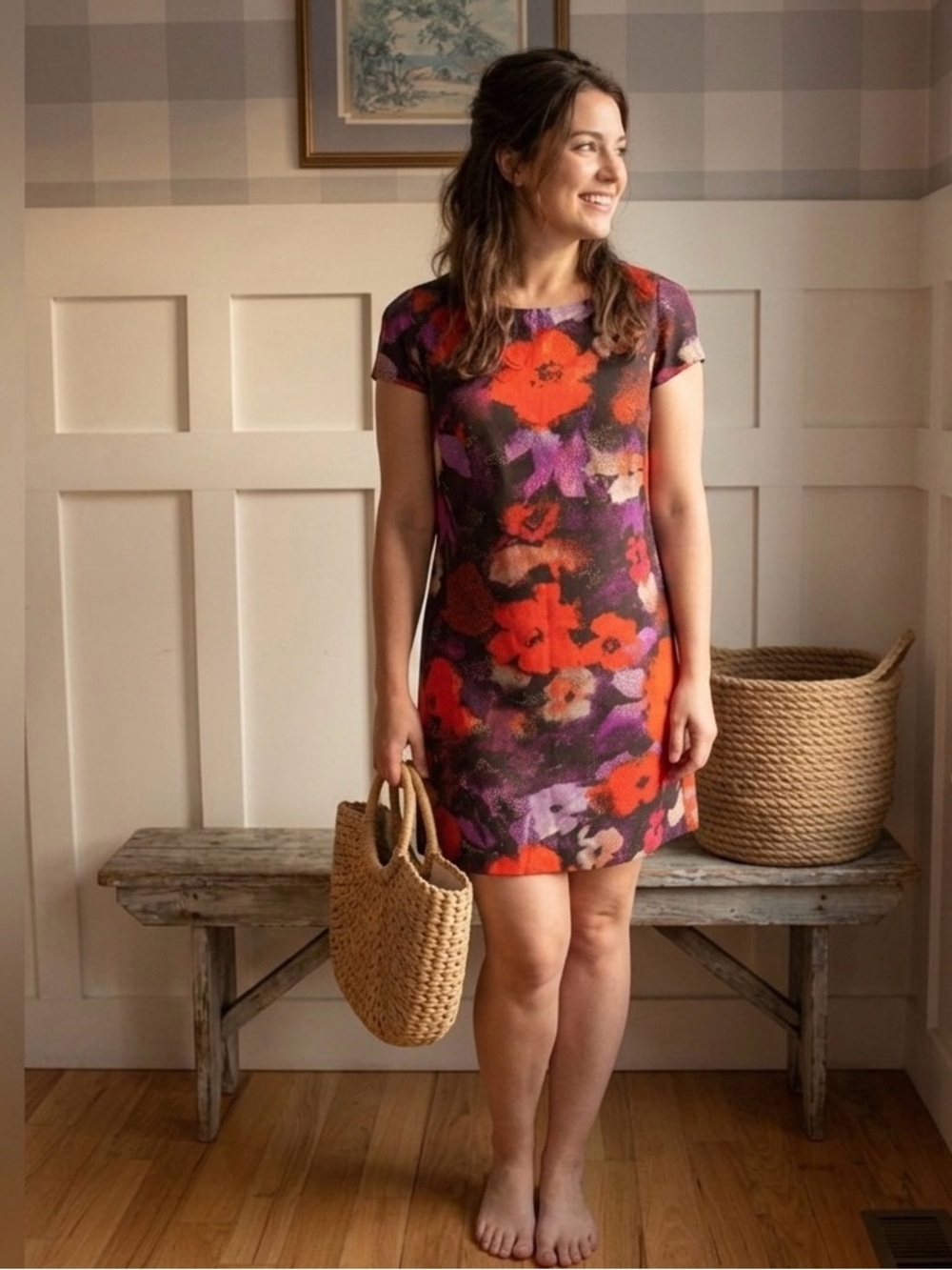Milly Designer Structured Red, Purple & Black Floral Shift Dress Size 8